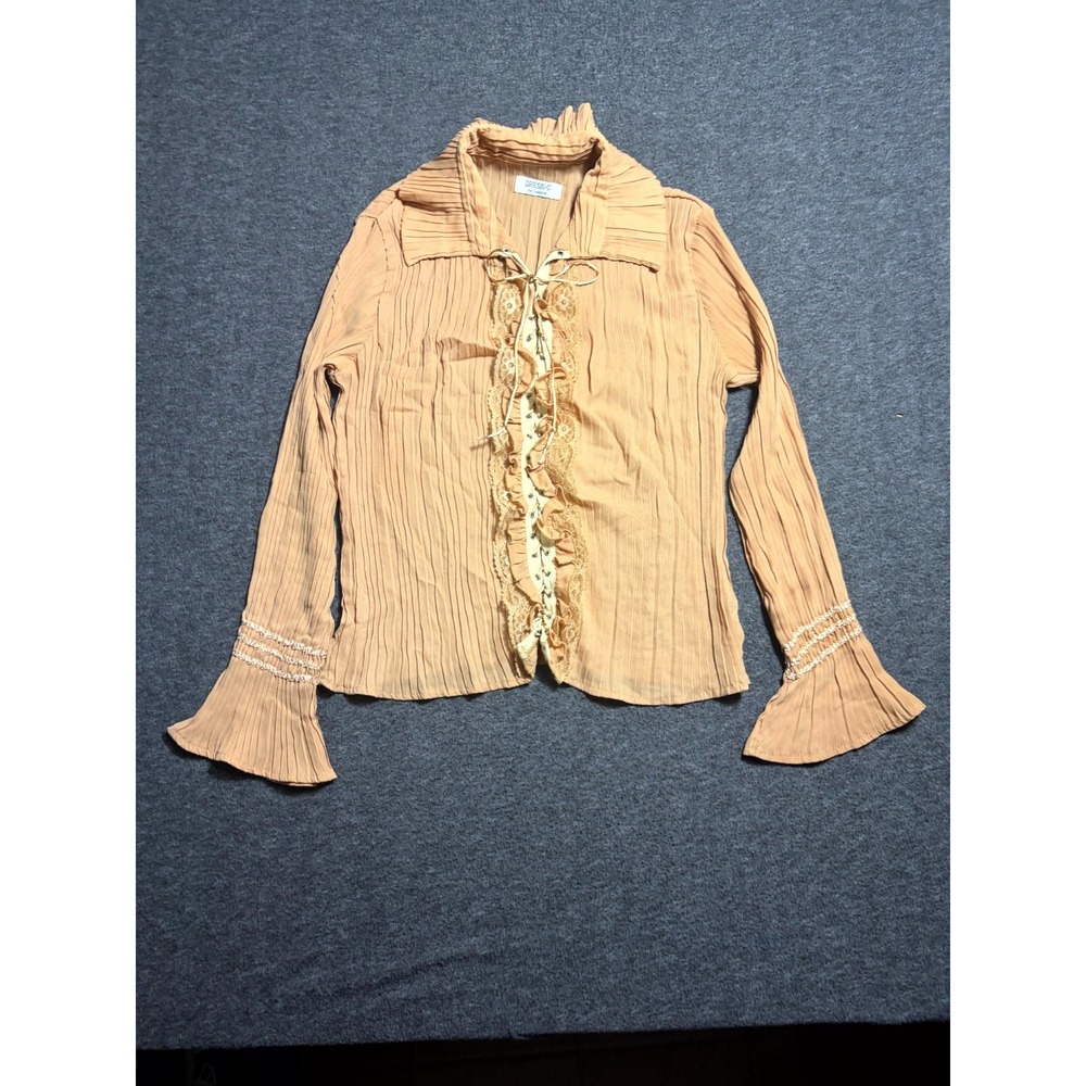 Vintage Dress-U-II by Sharon Blouse Top Womens Large Peach Lace Up Bell Sleeve